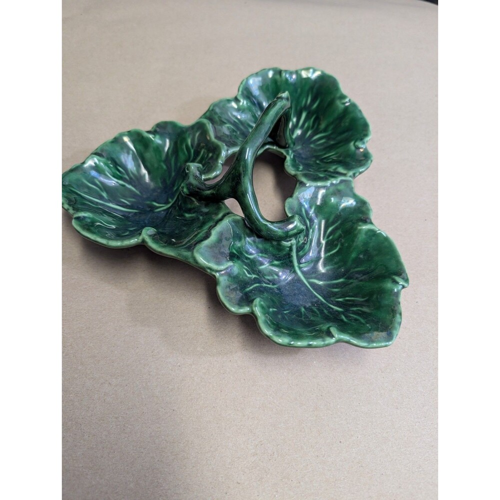 Vintage Green Majolica Cabbageware 3 Section Leaf Dish Stem Handle Condiment